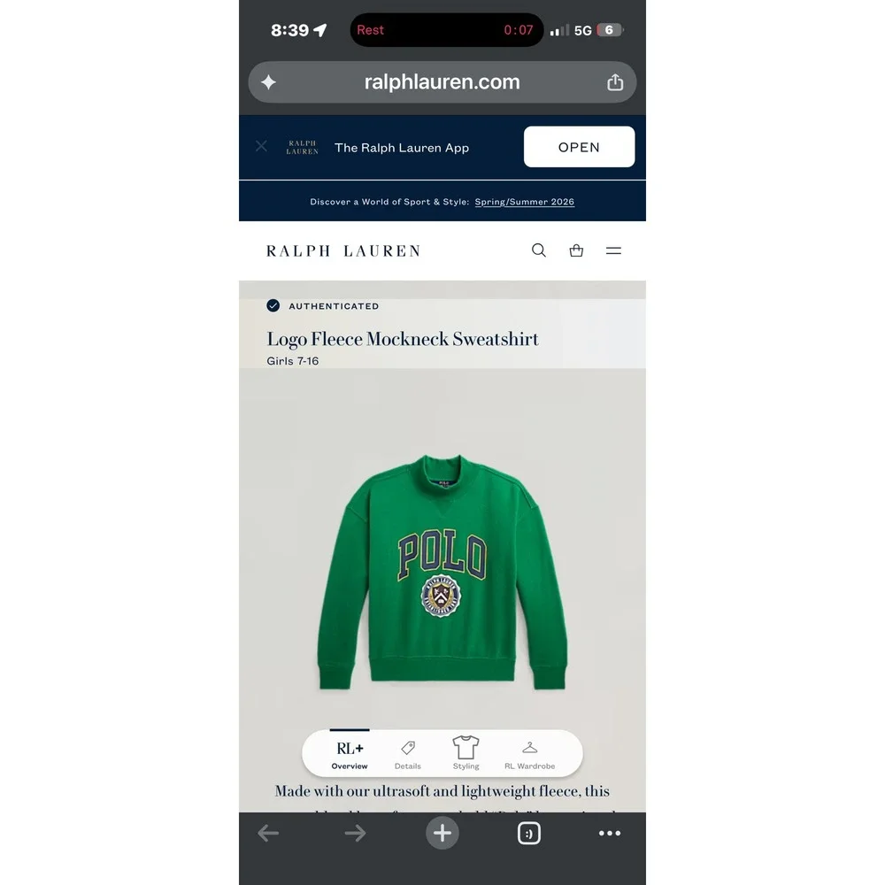 Ralph Lauren Girls XL 16 Green Graphic Crest Logo Fleece Mockneck Sweatshirt
